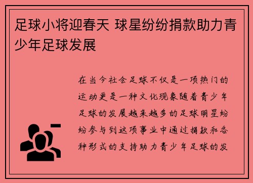 足球小将迎春天 球星纷纷捐款助力青少年足球发展